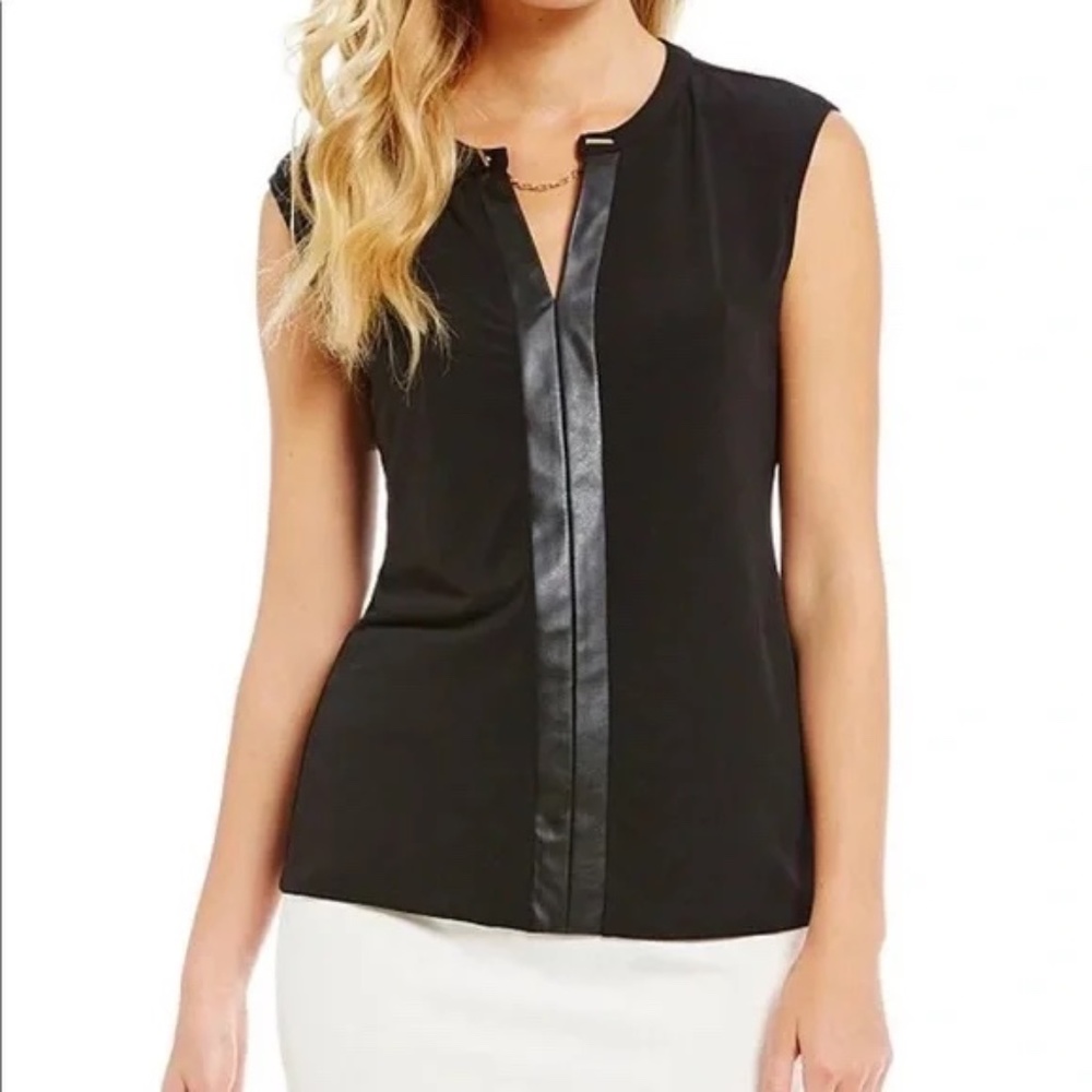 Calvin Klein - Vegan Leather Trim and Chain Neck Dressy Top